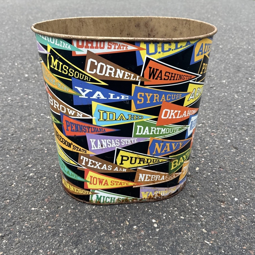 Vtg Decoware College Pennant Flags Metal Tin Trash Can Waste Paper Basket USA